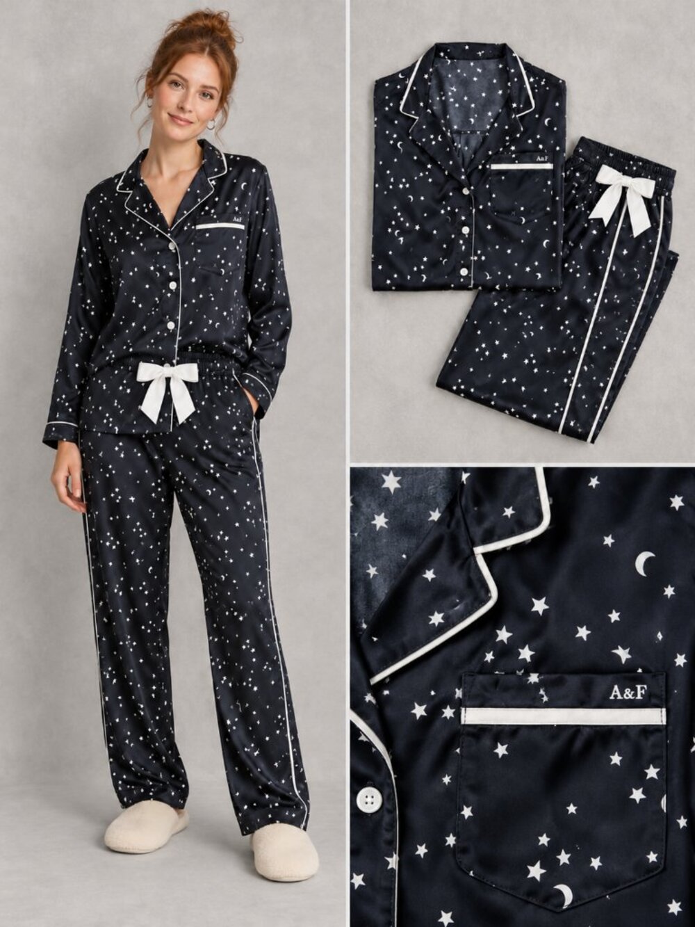 Abercrombie & Fitch Black Star Moon Pajama Set White Piping Top S Pants M
